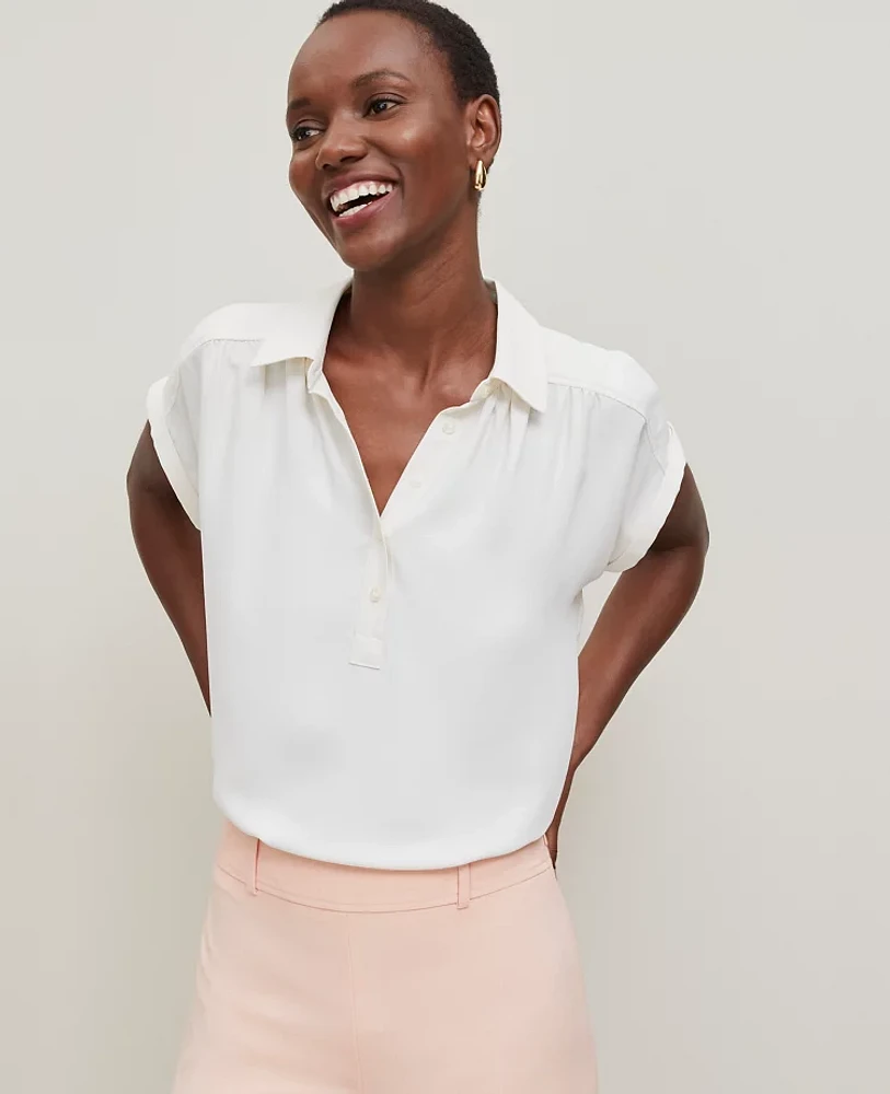 Ann Taylor Split Neck Popover Top Size Small Winter White Women's