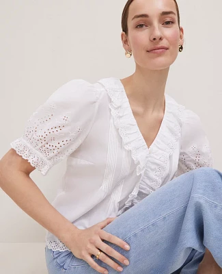 Ann Taylor Weekend Collection Embroidered Ruffle Top White Women's
