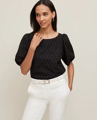 Ann Taylor Eyelet Boatneck Popover Top Size XS Black Women's