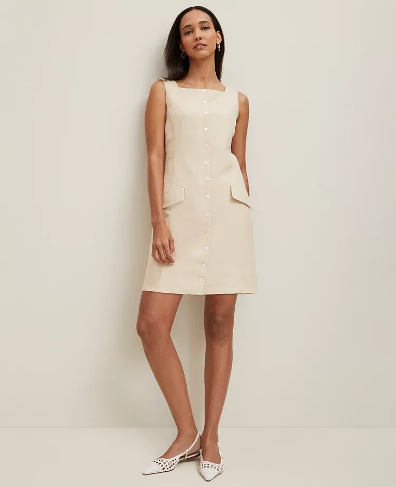 Ann Taylor Square Neck Button-Down Dress Size 10 Sand Shell Women's