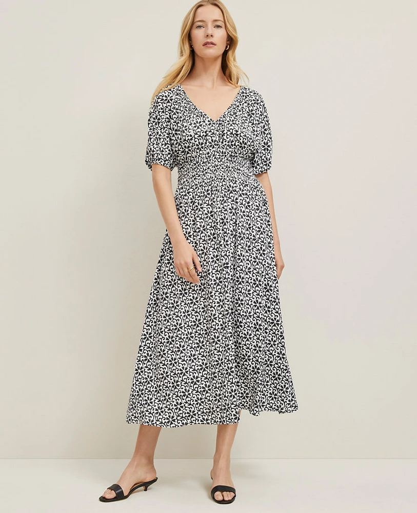 Ann Taylor Floral Smocked Puff Sleeve Dress Black Women's