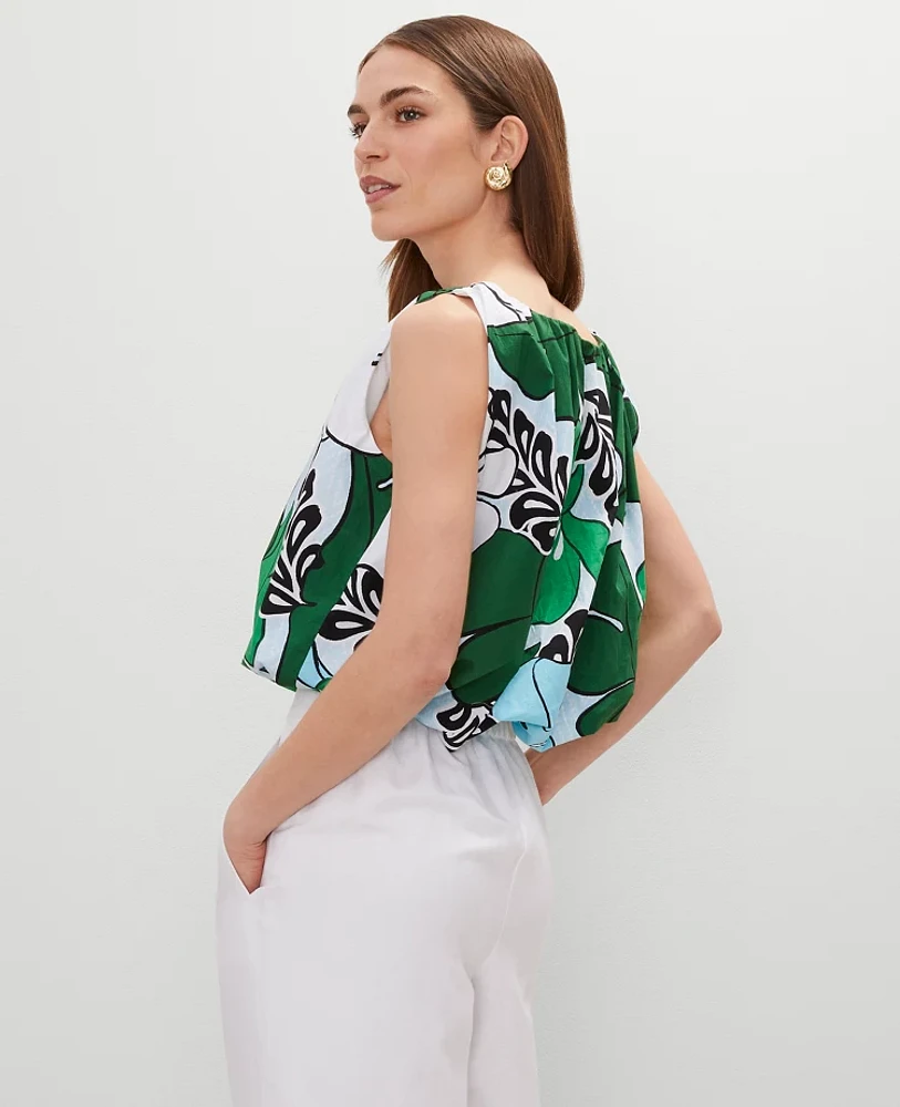 Ann Taylor Floral Gathered Bubble Hem Top Leafy Green Women's