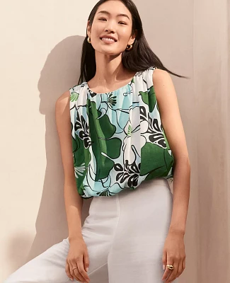Ann Taylor Floral Gathered Bubble Hem Top Size Medium Leafy Green Women's