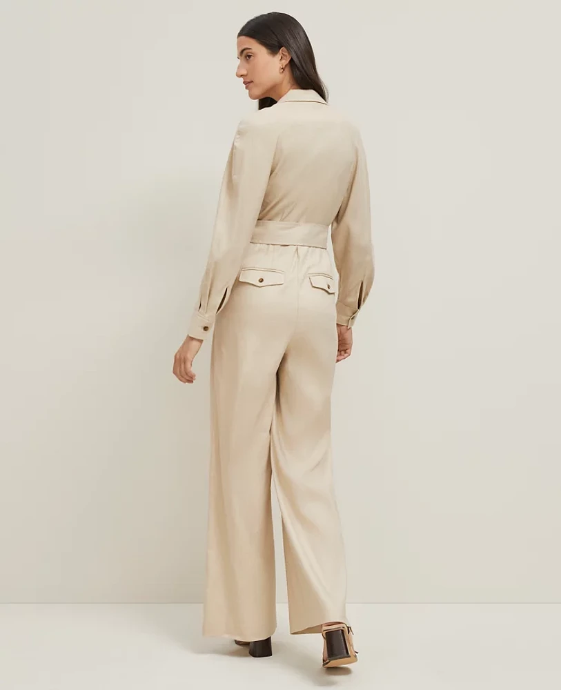 Ann Taylor Petite Linen Blend Wide Leg Jumpsuit Toasted Oat Women's
