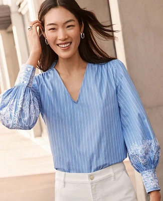 Ann Taylor Tall Striped Embroidered V-Neck Popover Top Blue / White Women's