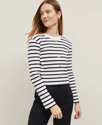 Ann Taylor Striped Knit Jacket Winter White-Night Sky Women's