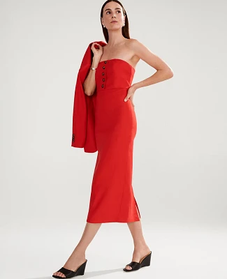 Ann Taylor The Petite Buttoned Strapless Dress Linen Blend Fiery Red Women's