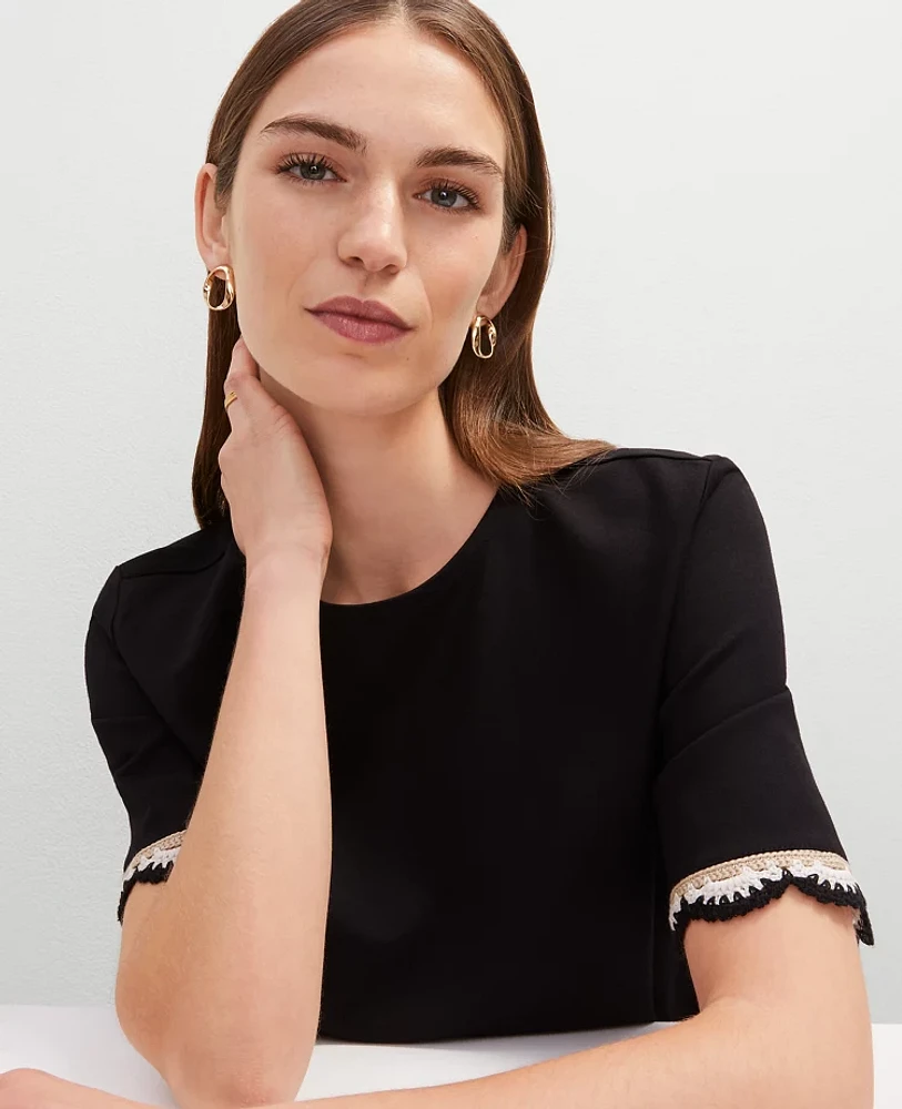 Ann Taylor Crochet Trim Ponte Top Size Medium Black Women's