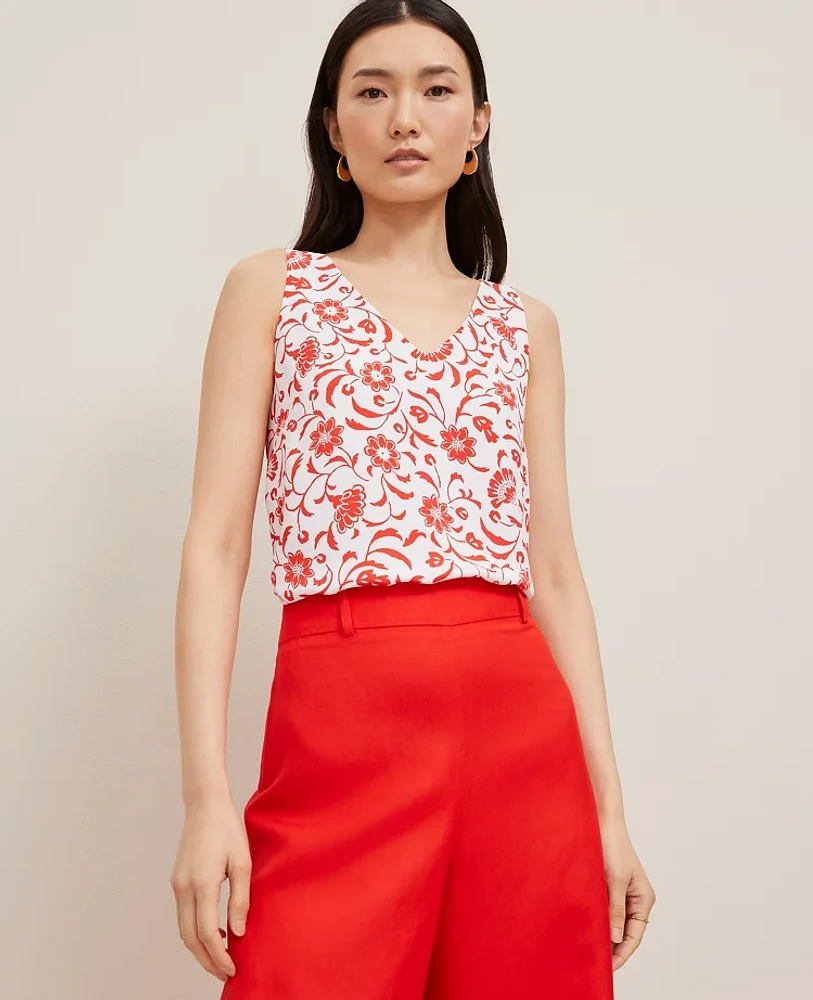 Ann Taylor Mixed Media V-Neck Tank Top Fiery Red Women's