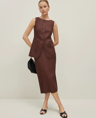 Ann Taylor The Petite Clean Midi Skirt Linen Blend Rich Walnut Women's