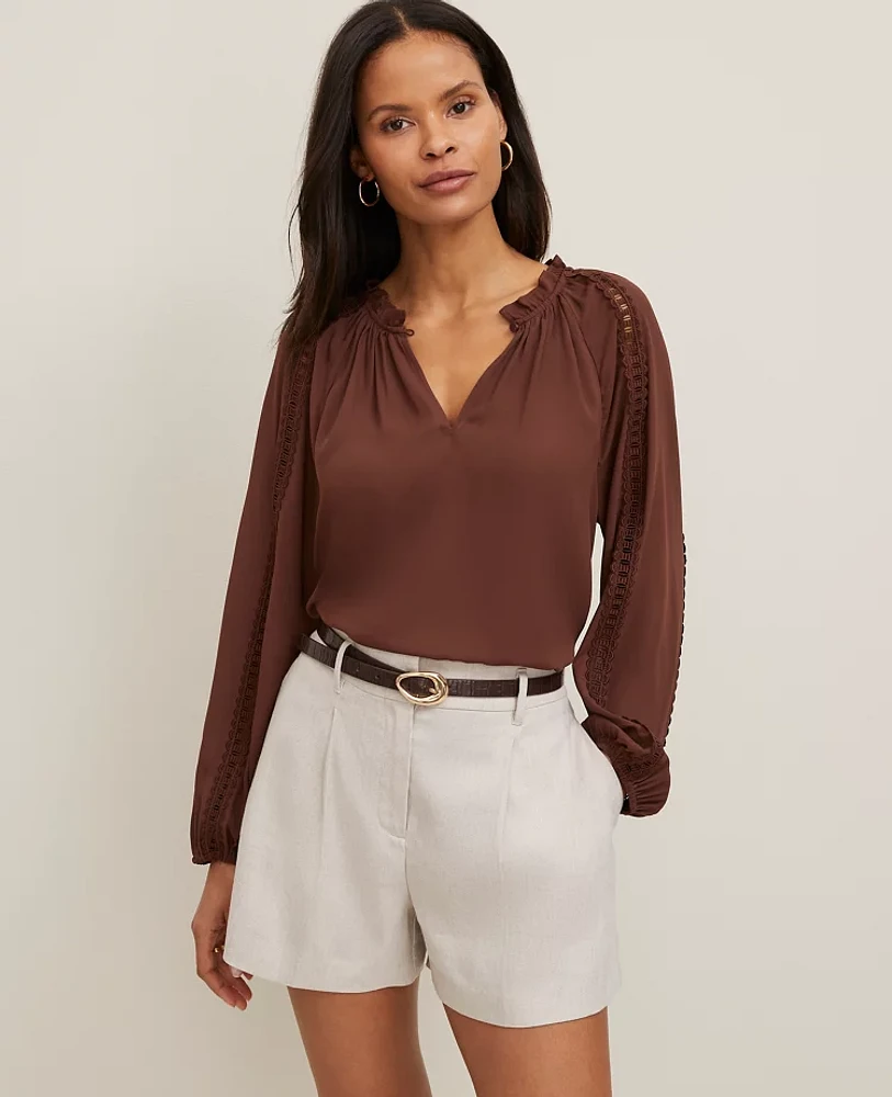 Ann Taylor Lace Sleeve Mixed Media Top Size Small Rich Walnut Women's