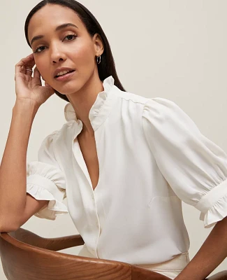 Ann Taylor Petite Ruffle Collar Shirt Winter White Women's