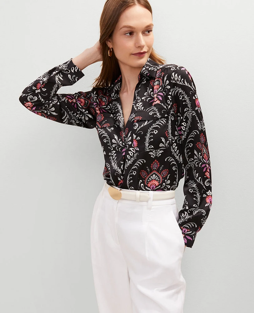 Ann Taylor Petite Floral Camp Shirt Black Women's