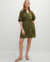Ann Taylor Eyelet Ruffle Neck Flare Dress Moss Green Women's