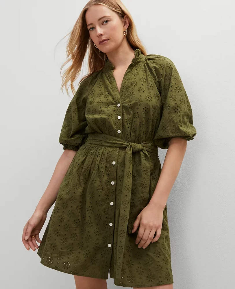Ann Taylor Eyelet Ruffle Neck Flare Dress Moss Green Women's