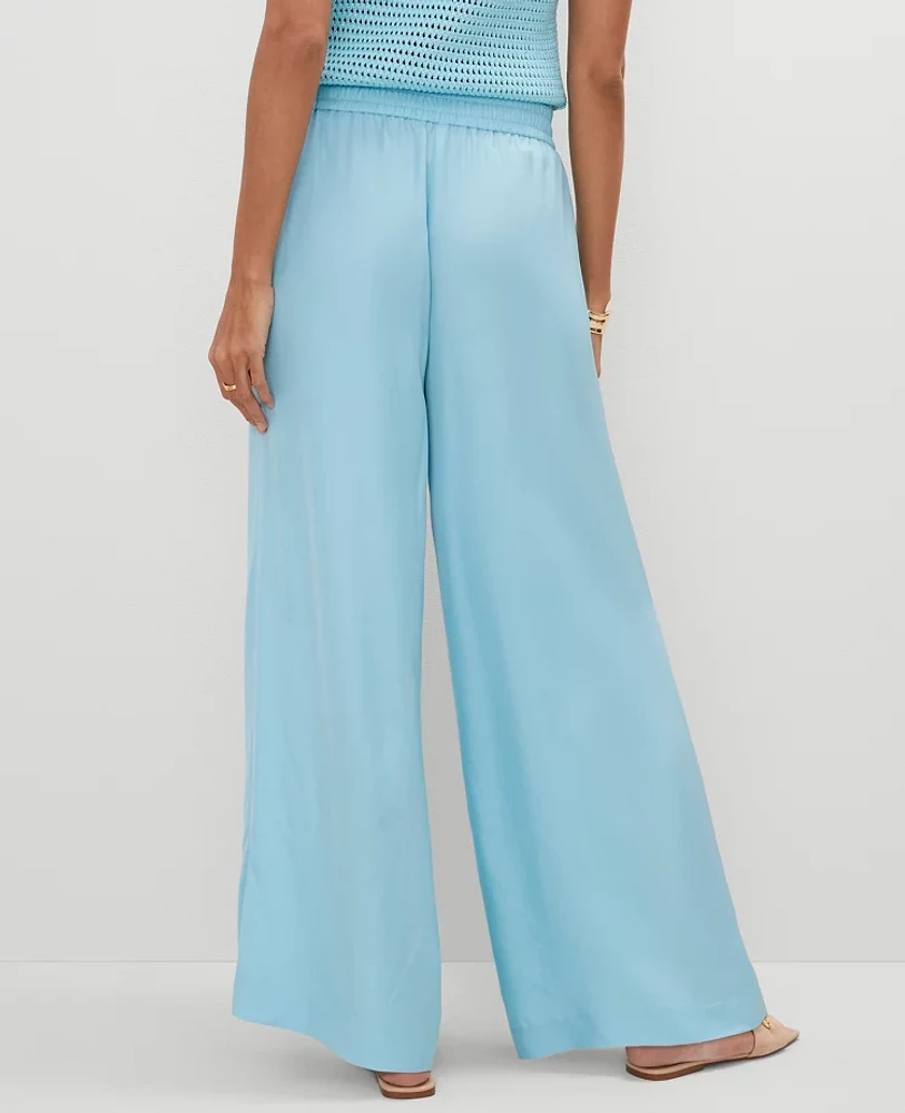 Ann Taylor The Petite Pull-On Wide-Leg Pant Satin Gulf Stream Blue Women's
