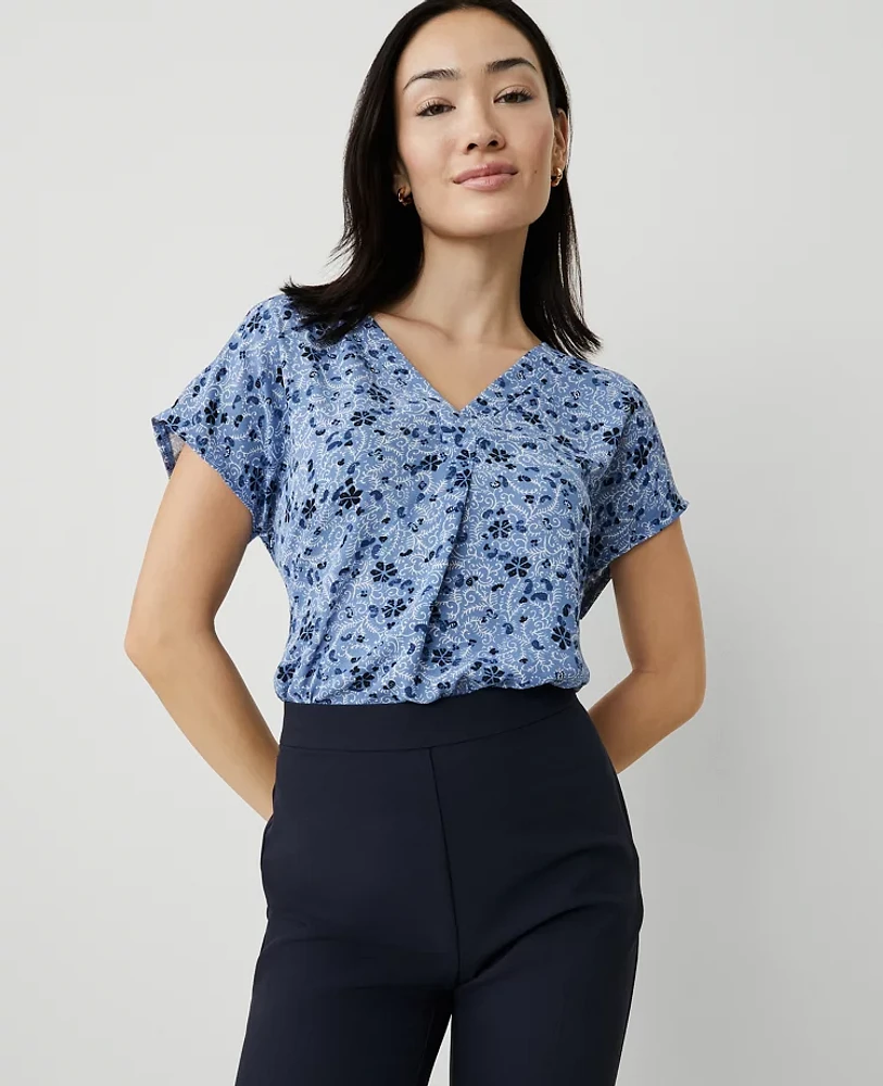 Ann Taylor Floral Mixed Media Top Size XS Colony Blue Women's