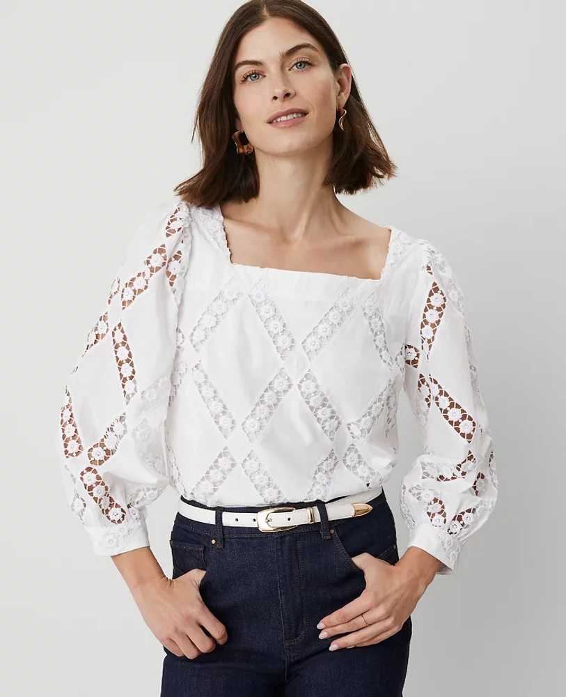 Ann Taylor Petite Embroidered Square Neck Puff Sleeve Blouse Size Medium White Women's