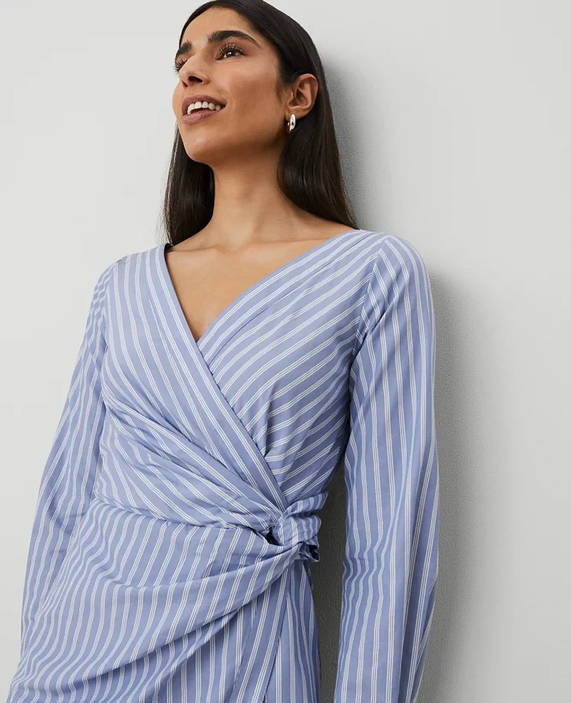Ann Taylor Petite Striped Asymmetric Shirtdress Colony Blue Women's