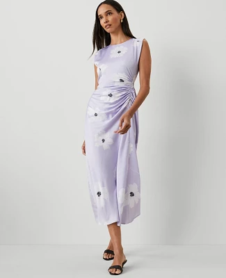 Ann Taylor Floral Ruched Flare Dress Lilac Bud Women's