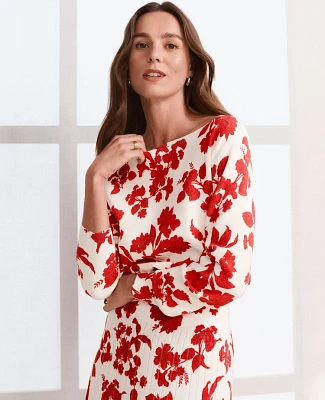 Ann Taylor Petite Tropical Slash Neck Sweater Size XS Bright Cherry Women's
