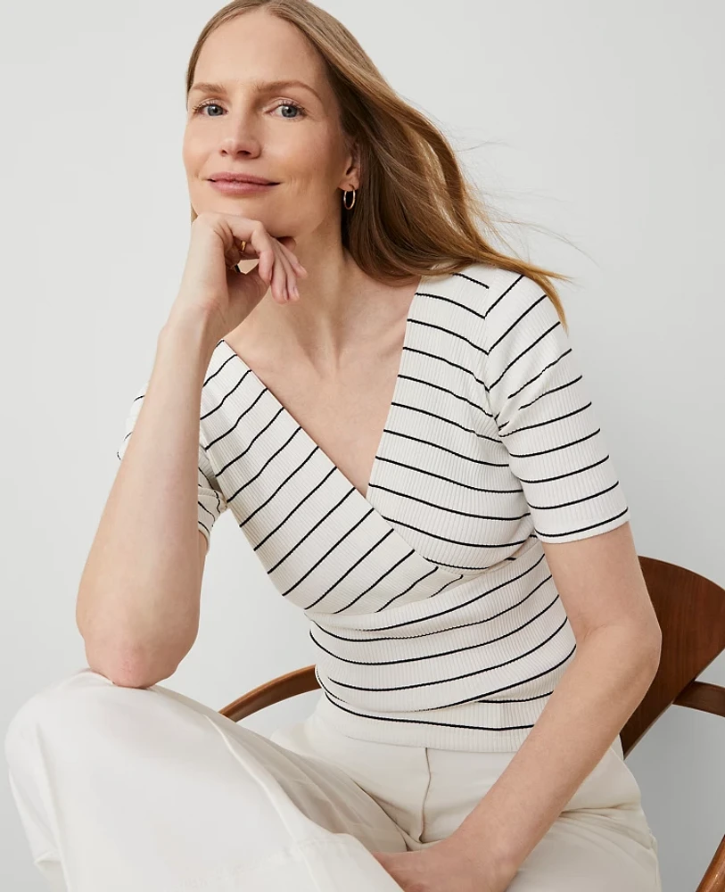 Ann Taylor Petite Striped Crossover Neck Top Winter White-Black Women's