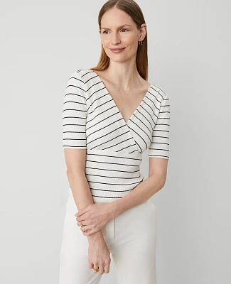 Ann Taylor Petite Striped Crossover Neck Top Winter White-Black Women's