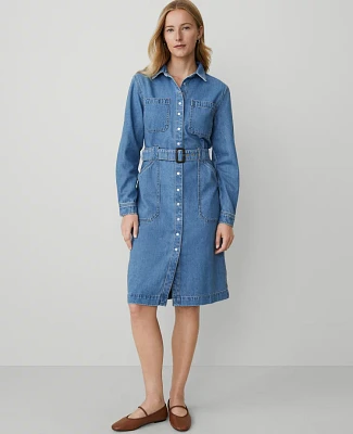Ann Taylor Petite Weekend Collection Denim Collared Column Midi Dress Bright Medium Stone Wash Women's