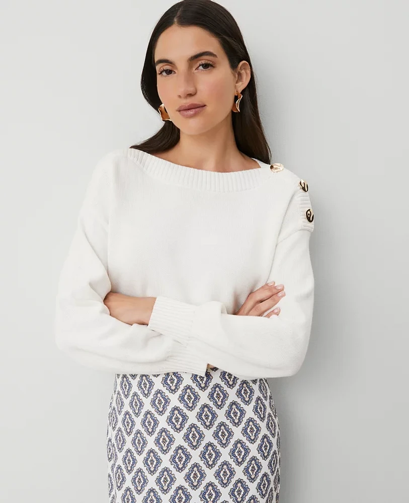 Ann Taylor Petite Ribbed-Trim Boatneck Sweater Winter White Women's