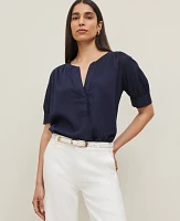 Ann Taylor Petite Half Sleeve Linen Blend Popover Top Size Large Night Sky Women's