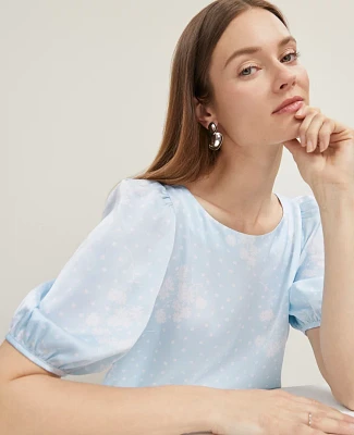 Ann Taylor Floral Boatneck Popover Top Zephyr Blue B Women's