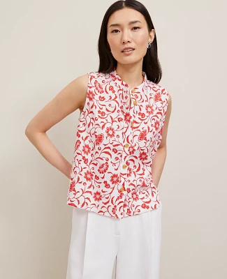Ann Taylor Floral Linen Sleeveless Shirt Fiery Red Women's