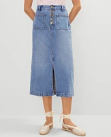 Ann Taylor Petite Weekend Collection Patch Pocket Denim Midi Skirt Bright Mid Indigo Wash Women's