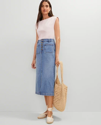 Ann Taylor Petite Weekend Collection Patch Pocket Denim Midi Skirt Size 14 Bright Mid Indigo Wash Women's