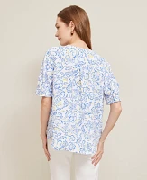 Ann Taylor Paisley Floral Half Sleeve Popover Top White Women's