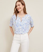 Ann Taylor Paisley Floral Half Sleeve Popover Top White Women's