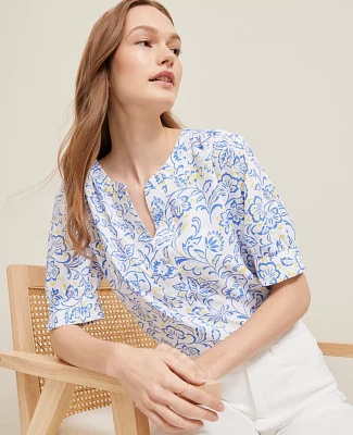 Ann Taylor Paisley Floral Half Sleeve Popover Top White Women's