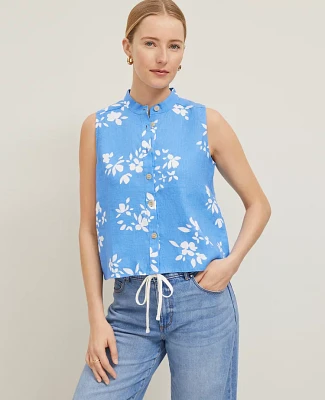 Ann Taylor Floral Linen Sleeveless Shirt Maritime Blue Women's