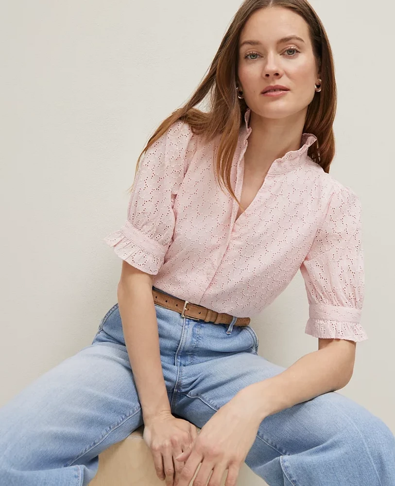 Ann Taylor Eyelet Ruffle Collar Shirt Potpourri Women's