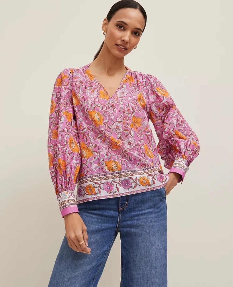 Ann Taylor Petite Floral V-Neck Popover Top Orchid Glow Women's