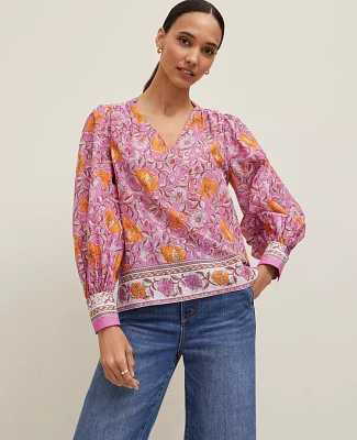 Ann Taylor Petite Floral V-Neck Popover Top Orchid Glow Women's