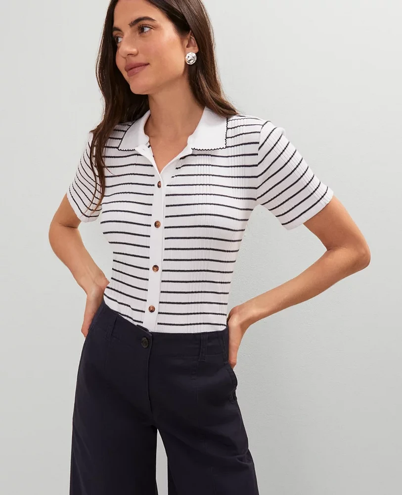 Ann Taylor Weekend Collection Striped Polo Shirt Size 2XL White/Navy Women's