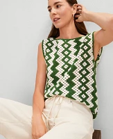 Ann Taylor Petite Geo Crochet Sweater Shell Top Green/White Combo Women's