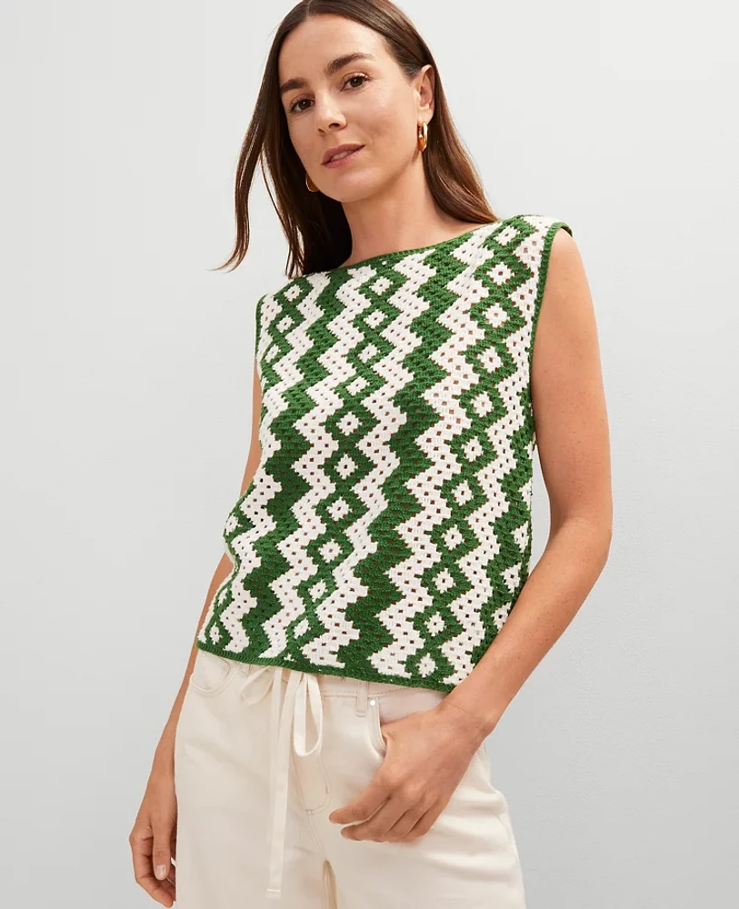 Ann Taylor Petite Geo Crochet Sweater Shell Top Green/White Combo Women's