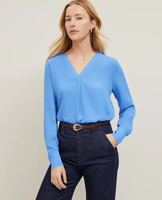 Ann Taylor Mixed Media V-Neck Top Maritime Blue Women's