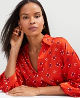 Ann Taylor Petite Geo Blouson Sleeve Shirt Red Pepper Women's