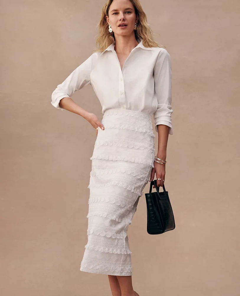 Ann Taylor Petite Embroidered Column Midi Skirt Size 0 White Women's
