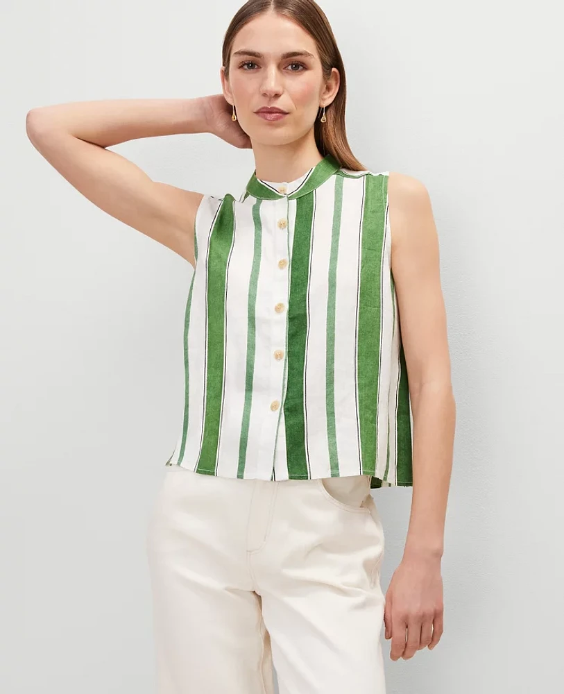 Ann Taylor Petite Striped Linen Tank Top Leafy Green Women's