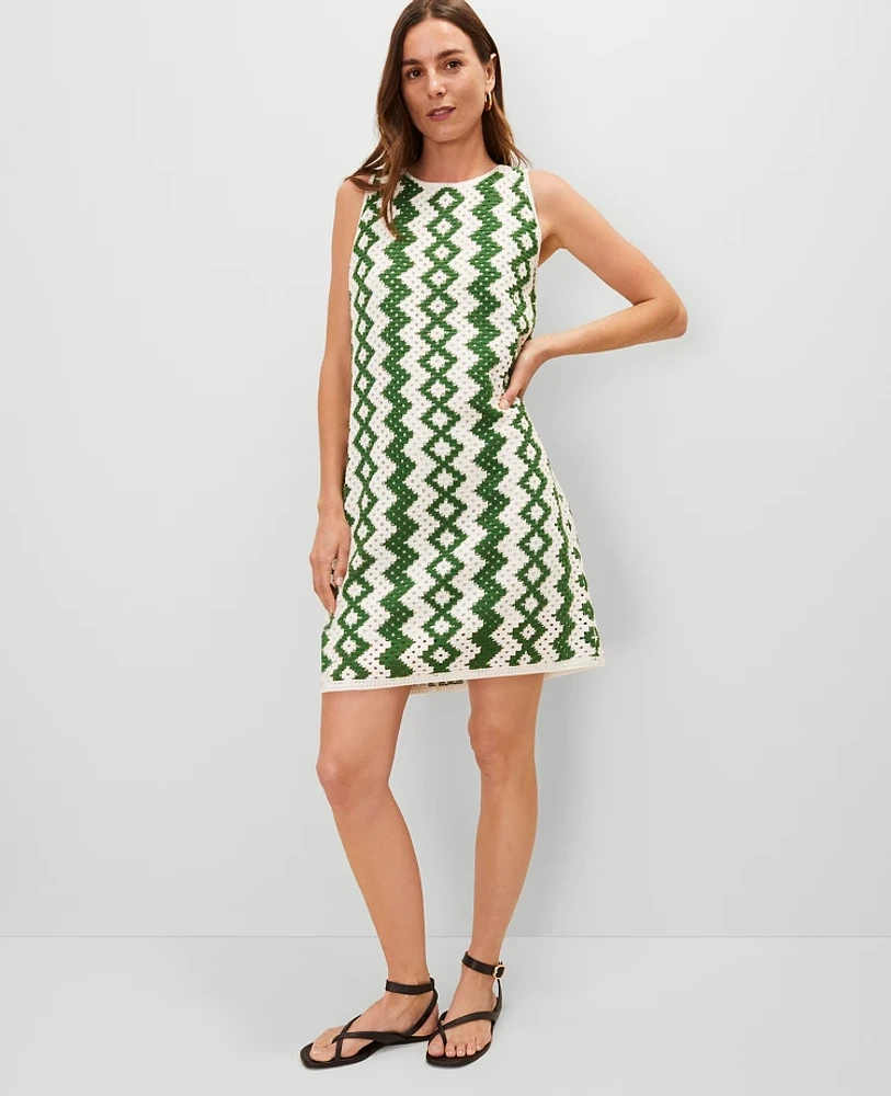 Ann Taylor Petite Geo Crochet Shift Dress Green/White Combo Women's