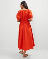 Ann Taylor Petite Smocked Puff Sleeve Midi Dress Red Pepper Women's